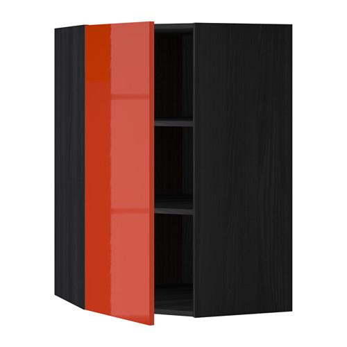 МЕТОД Угловой навесной шкаф с полками - под дерево черный, Ерста глянцевый оранжевый, 68x100 см