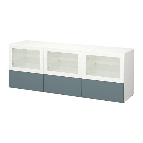 БЕСТО Тумба под ТВ, с дверцами и ящиками - белый/Вальвикен серо-бирюзовый, прозрачное стекло, направляющие ящика,нажимные