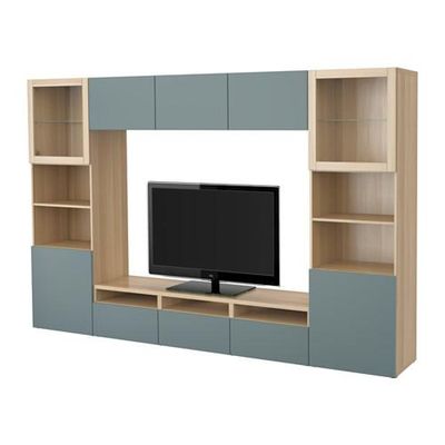 БЕСТО Шкаф для ТВ, комбин/стеклян дверцы - под беленый дуб/Вальвикен серо-бирюзовый, прозрачное стекло, направляющие ящика,нажимные