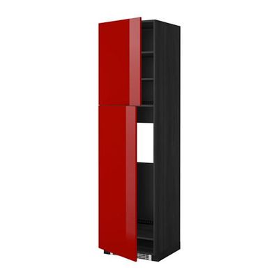 МЕТОД Высокий шкаф д/холодильника/2дверцы - 60x60x220 см, Рингульт глянцевый красный, под дерево черный