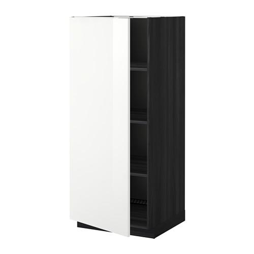 МЕТОД Высок шкаф с полками - под дерево черный, Рингульт глянцевый белый МЕТОД Высок шкаф с полками - под дерево черный, Рингульт глянцевый белый