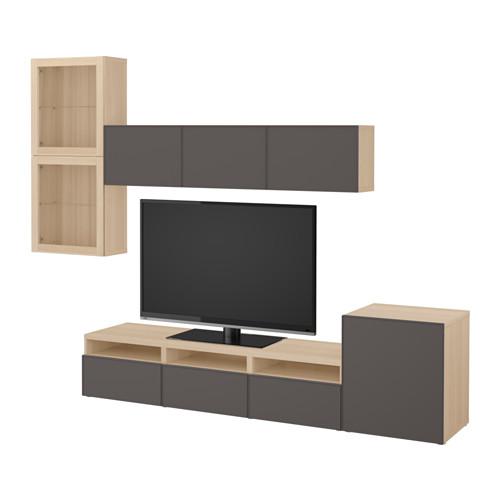 БЕСТО Шкаф для ТВ, комбин/стеклян дверцы - под беленый дуб Грундсвикен/темно-серый прозрачное стекло, направляющие ящика,нажимные БЕСТО Шкаф для ТВ, комбин/стеклян дверцы - под беленый дуб Грундсвикен/темно-серый прозрачное стекло, направляющие ящика,нажимные