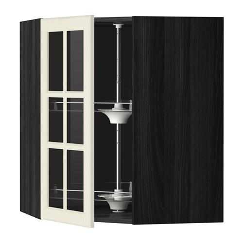 МЕТОД Углов навесн шк с врщ скц/сткл дв - под дерево черный, Будбин белый с оттенком, 68x80 см