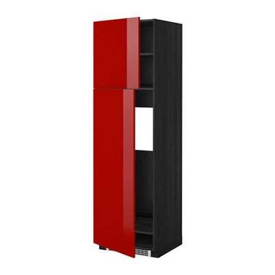 МЕТОД Высокий шкаф д/холодильника/2дверцы - 60x60x200 см, Рингульт глянцевый красный, под дерево черный