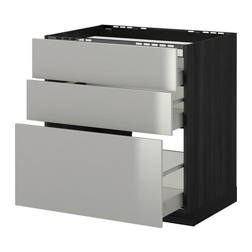 МЕТОД / МАКСИМЕРА Напольн шкаф/3фронт пнл/3ящика - под дерево черный, Гревста нержавеющ сталь, 80x60 см