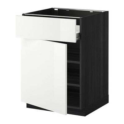 МЕТОД / ФОРВАРА Напольн шкаф с полкой/ящиком/дверью - под дерево черный, Рингульт глянцевый белый, 60x60 см