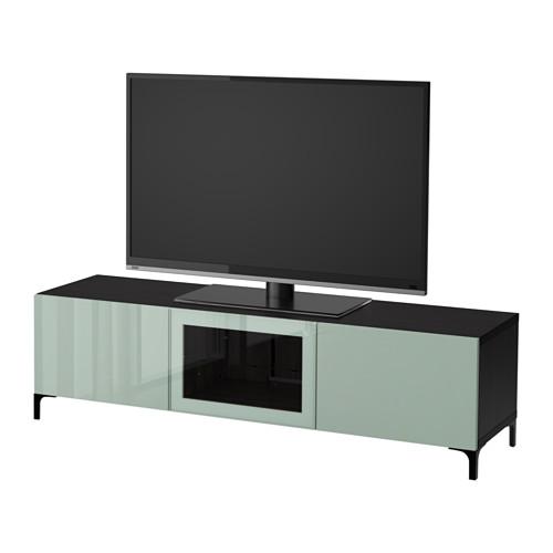 БЕСТО Тумба под ТВ с ящиками и дверцей - черно-коричневый Сельсвикен/глянцевый/серо-зеленый светлый прозрачное стекло, направляющие ящика,нажимные