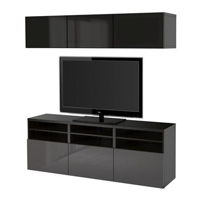 БЕСТО Шкаф для ТВ, комбин/стеклян дверцы - черно-коричневый/Сельсвикен глянцевый/серый дымчатое стекло, направляющие ящика, плавно закр БЕСТО Шкаф для ТВ, комбин/стеклян дверцы - черно-коричневый/Сельсвикен глянцевый/серый дымчатое стекло, направляющие ящика, плавно закр