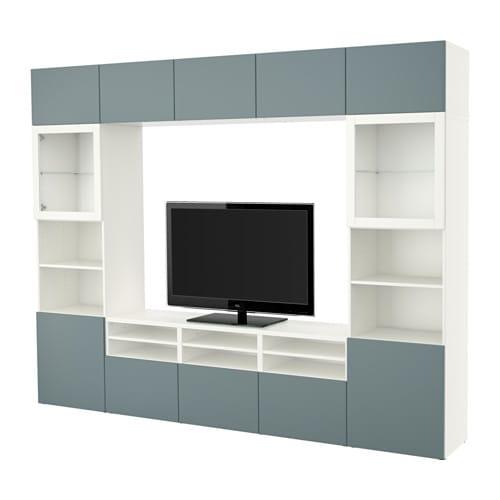 БЕСТО Шкаф для ТВ, комбин/стеклян дверцы - белый/Вальвикен серо-бирюзовый, прозрачное стекло, направляющие ящика,нажимные