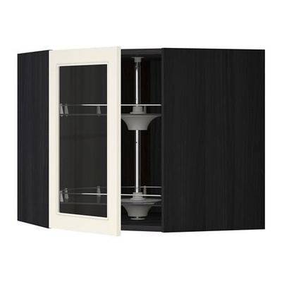 МЕТОД Углов навесн шк с врщ скц/сткл дв - 68x60 см, Хитарп белый с оттенком, под дерево черный