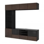 БЕСТО Шкаф для ТВ, комбин/стеклян дверцы - черно-коричневый/Сельсвикен глянцевый/коричневый прозрач стекло, направляющие ящика, плавно закр