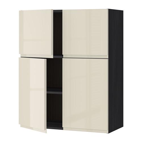 МЕТОД Навесной шкаф с полками/4дверцы - под дерево черный, Воксторп глянцевый светло-бежевый МЕТОД Навесной шкаф с полками/4дверцы - под дерево черный, Воксторп глянцевый светло-бежевый