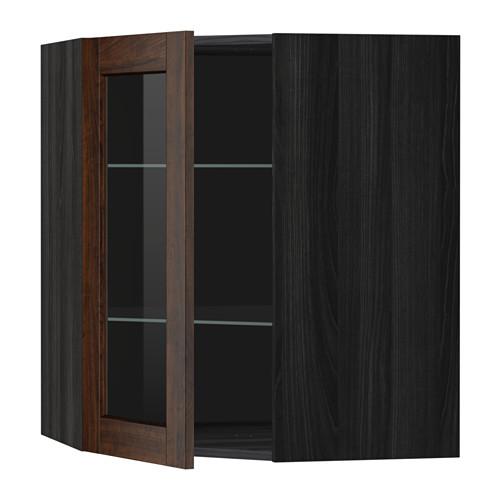 МЕТОД Углов навесн шк с полками/сткл дв - под дерево черный, Эдсерум под дерево коричневый, 68x80 см