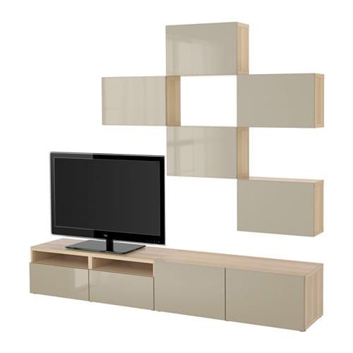 БЕСТО Шкаф для ТВ, комбинация - под беленый дуб/Сельсвикен глянцевый/бежевый, направляющие ящика,нажимные