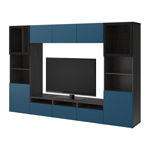 БЕСТО Шкаф для ТВ, комбин/стеклян дверцы - черно-коричневый Вальвикен/темно-синий прозрачное стекло, направляющие ящика, плавно закр