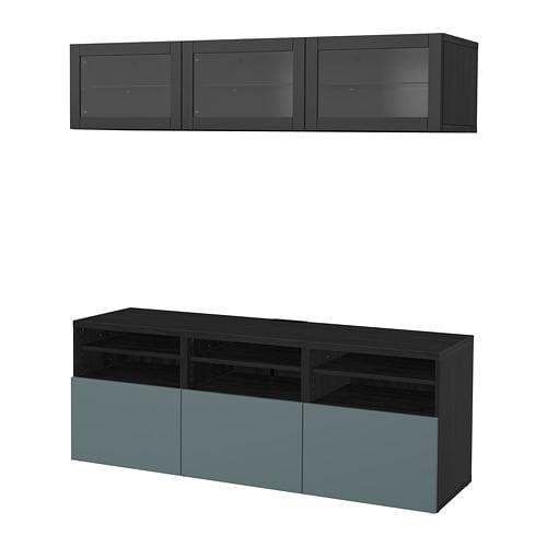 БЕСТО Шкаф для ТВ, комбин/стеклян дверцы - черно-коричневый/Вальвикен серо-бирюзовый, прозрачное стекло, направляющие ящика, плавно закр БЕСТО Шкаф для ТВ, комбин/стеклян дверцы - черно-коричневый/Вальвикен серо-бирюзовый, прозрачное стекло, направляющие ящика, плавно закр