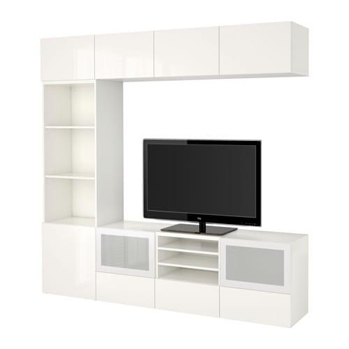 БЕСТО Шкаф для ТВ, комбин/стеклян дверцы - белый/Сельсвикен глянцевый/белый матовое стекло, направляющие ящика,нажимные