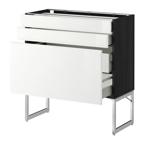 МЕТОД / МАКСИМЕРА Напольн шкаф 3фронт пнл/2низ/2ср ящ - под дерево черный, Рингульт глянцевый белый, 80x37x60 см