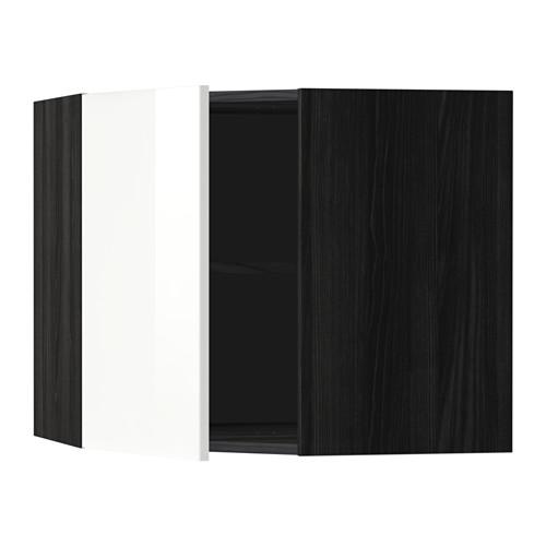 МЕТОД Угловой навесной шкаф с полками - под дерево черный, Рингульт глянцевый белый, 68x60 см