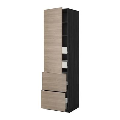 МЕТОД / ФОРВАРА Высокий шкаф+полки/4 ящика/2дверцы - 60x60x220 см, Брокхульт под грецкий орех светло-серый, под дерево черный