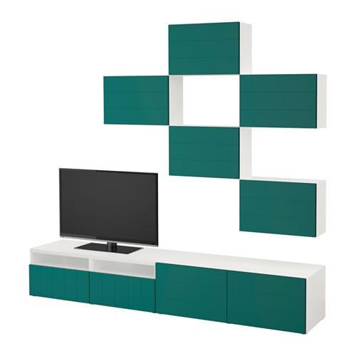 БЕСТО Шкаф для ТВ, комбинация - белый/Халлставик сине-зеленый, направляющие ящика,нажимные
