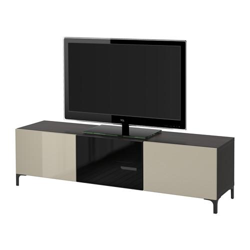 БЕСТО Тумба под ТВ с ящиками и дверцей - черно-коричневый/Сельсвикен глянцевый/бежевый/дымчатое стекло, направляющие ящика,нажимные