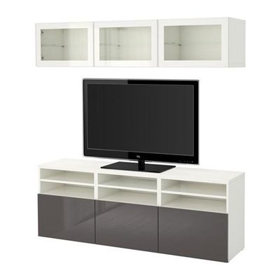 БЕСТО Шкаф для ТВ, комбин/стеклян дверцы - белый/Сельсвикен глянцевый/серый прозрачное стекло, направляющие ящика, плавно закр