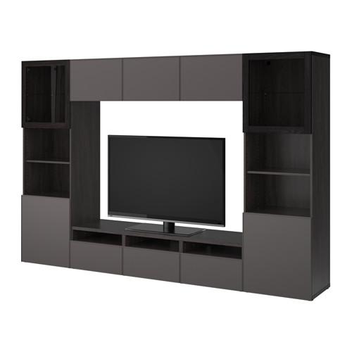 БЕСТО Шкаф для ТВ, комбин/стеклян дверцы - черно-коричневый Грундсвикен/темно-серый прозрачное стекло, направляющие ящика, плавно закр