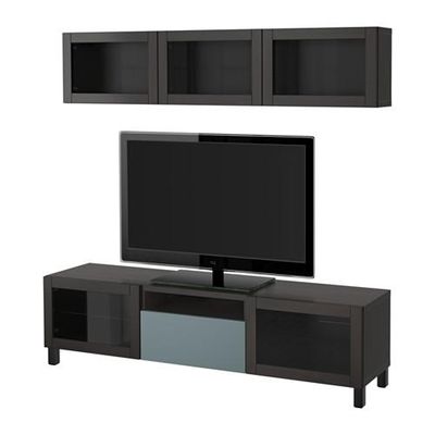 БЕСТО Шкаф для ТВ, комбин/стеклян дверцы - черно-коричневый/Вальвикен серо-бирюзовый, прозрачное стекло, направляющие ящика, плавно закр БЕСТО Шкаф для ТВ, комбин/стеклян дверцы - черно-коричневый/Вальвикен серо-бирюзовый, прозрачное стекло, направляющие ящика, плавно закр