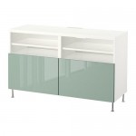 БЕСТО Тумба под ТВ, с дверцами - белый глянцевый/серо-зеленый светлый