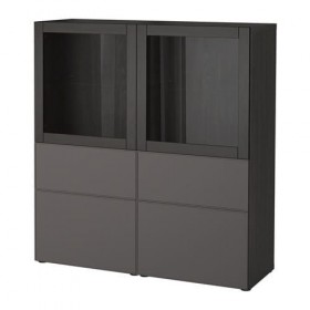 БЕСТО Комбинация д/хранения+стекл дверц - черно-коричневый Грундсвикен/темно-серый прозрачное стекло, направляющие ящика,нажимные