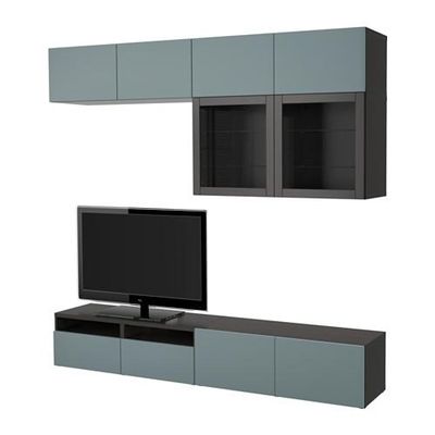 БЕСТО Шкаф для ТВ, комбин/стеклян дверцы - черно-коричневый/Вальвикен серо-бирюзовый, прозрачное стекло, направляющие ящика, плавно закр
