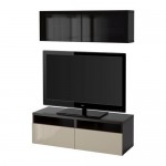 БЕСТО Шкаф для ТВ, комбин/стеклян дверцы - черно-коричневый/Сельсвикен глянцевый/бежевый/дымчатое стекло, направляющие ящика,нажимные