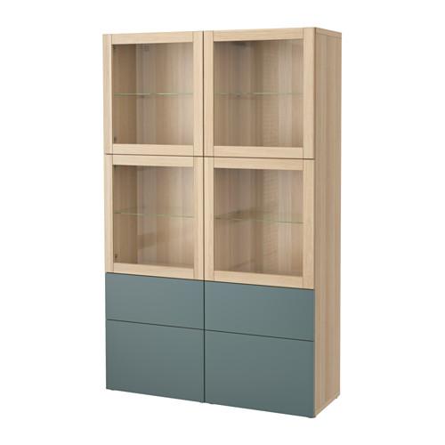 БЕСТО Комбинация д/хранения+стекл дверц - под беленый дуб/Вальвикен серо-бирюзовый, прозрачное стекло, направляющие ящика,нажимные