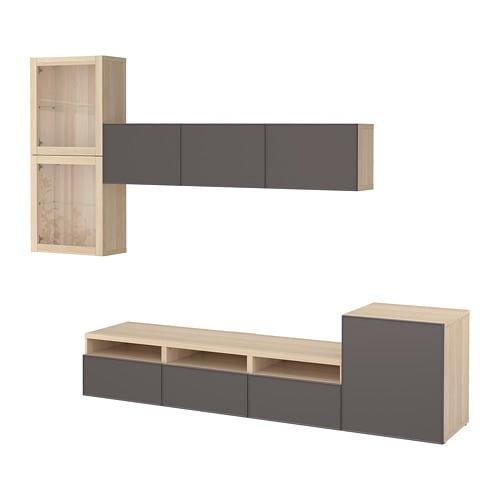 БЕСТО Шкаф для ТВ, комбин/стеклян дверцы - под беленый дуб Грундсвикен/темно-серый прозрачное стекло, направляющие ящика, плавно закр БЕСТО Шкаф для ТВ, комбин/стеклян дверцы - под беленый дуб Грундсвикен/темно-серый прозрачное стекло, направляющие ящика, плавно закр