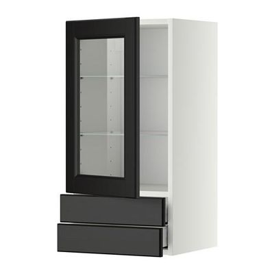 МЕТОД / МАКСИМЕРА Навесной шкаф/стекл дверца/2 ящика - 40x80 см, Лаксарби черно-коричневый, белый