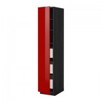МЕТОД / МАКСИМЕРА Высокий шкаф с ящиками - 40x60x200 см, Рингульт глянцевый красный, под дерево черный