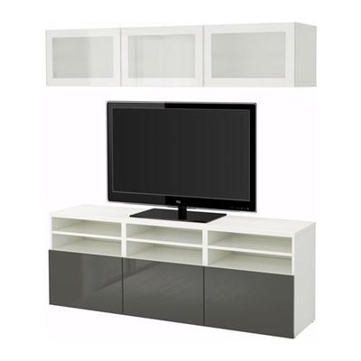 БЕСТО Шкаф для ТВ, комбин/стеклян дверцы - белый/Сельсвикен глянцевый/серый матовое стекло, направляющие ящика,нажимные БЕСТО Шкаф для ТВ, комбин/стеклян дверцы - белый/Сельсвикен глянцевый/серый матовое стекло, направляющие ящика,нажимные