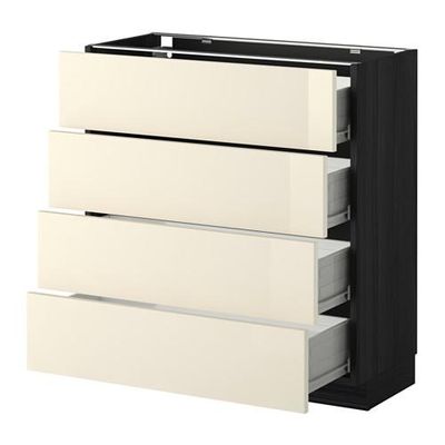 МЕТОД / ФОРВАРА Напольн шкаф 4 фронт панели/4 ящика - 80x37 см, Рингульт глянцевый кремовый, под дерево черный