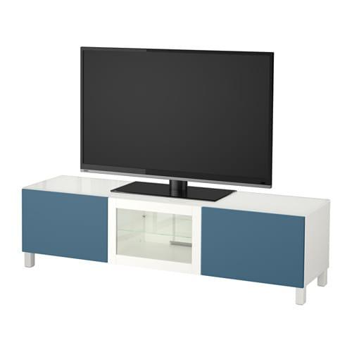 БЕСТО Тумба под ТВ, с дверцами - белый Вальвикен/темно-синий прозрачное стекло, направляющие ящика, плавно закр