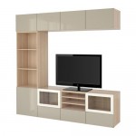 БЕСТО Шкаф для ТВ, комбин/стеклян дверцы - под беленый дуб/Сельсвикен глянцевый/бежевый прозрачное стекло, направляющие ящика, плавно закр