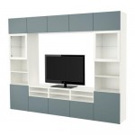 БЕСТО Шкаф для ТВ, комбин/стеклян дверцы - белый/Вальвикен серо-бирюзовый, прозрачное стекло, направляющие ящика,нажимные