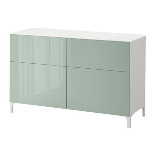 БЕСТО Комб для хран с дверц/ящ - белый/Сельсвикен глянцевый/серо-зеленый светлый, направляющие ящика,нажимные