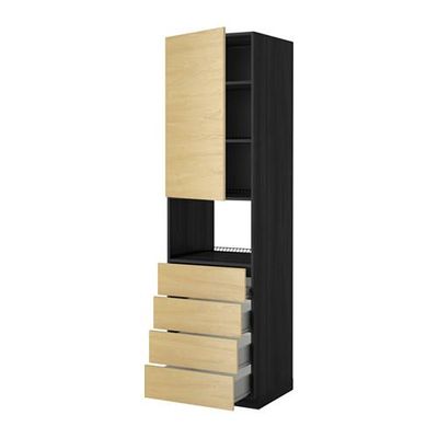 МЕТОД / ФОРВАРА Высок шкаф д/духовки/дверца/4ящика - 60x60x220 см, Тингсрид под березу, под дерево черный