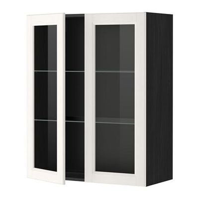 МЕТОД Навесной шкаф с полками/2 стекл дв - 80x100 см, Лаксарби белый, под дерево черный