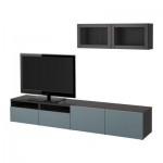 БЕСТО Шкаф для ТВ, комбин/стеклян дверцы - черно-коричневый/Вальвикен серо-бирюзовый, прозрачное стекло, направляющие ящика, плавно закр