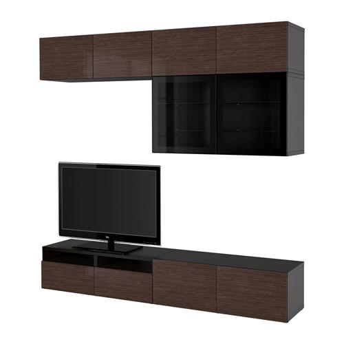 БЕСТО Шкаф для ТВ, комбин/стеклян дверцы - черно-коричневый/Сельсвикен глянцевый/коричневый прозрач стекло, направляющие ящика, плавно закр