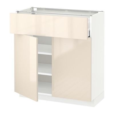 МЕТОД / МАКСИМЕРА Напольный шкаф+ящик/2дверцы - 80x37 см, Рингульт глянцевый кремовый, белый