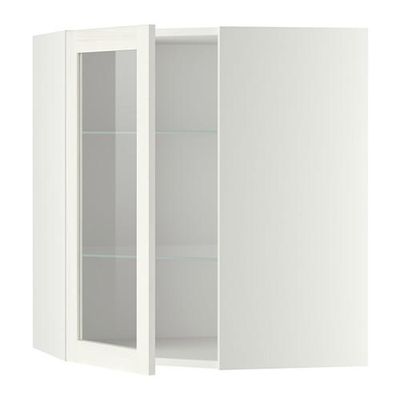 МЕТОД Углов навесн шк с полками/сткл дв - 68x80 см, Росдаль белый ясень, белый