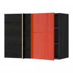 МЕТОД Угловой навесной шкаф с полками - под дерево черный, Ерста глянцевый оранжевый, 88x37x60 см